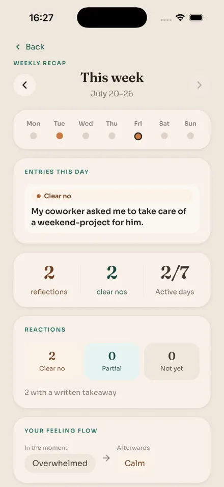 No! weekly recap: day strip, entry counts, and feeling flow